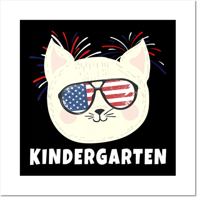 Kindergarten Cat USA Flag T Shirt Funny Back To School Wall Art by martinyualiso